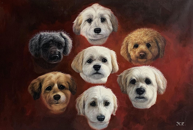Handmade oil painting of seven dogs