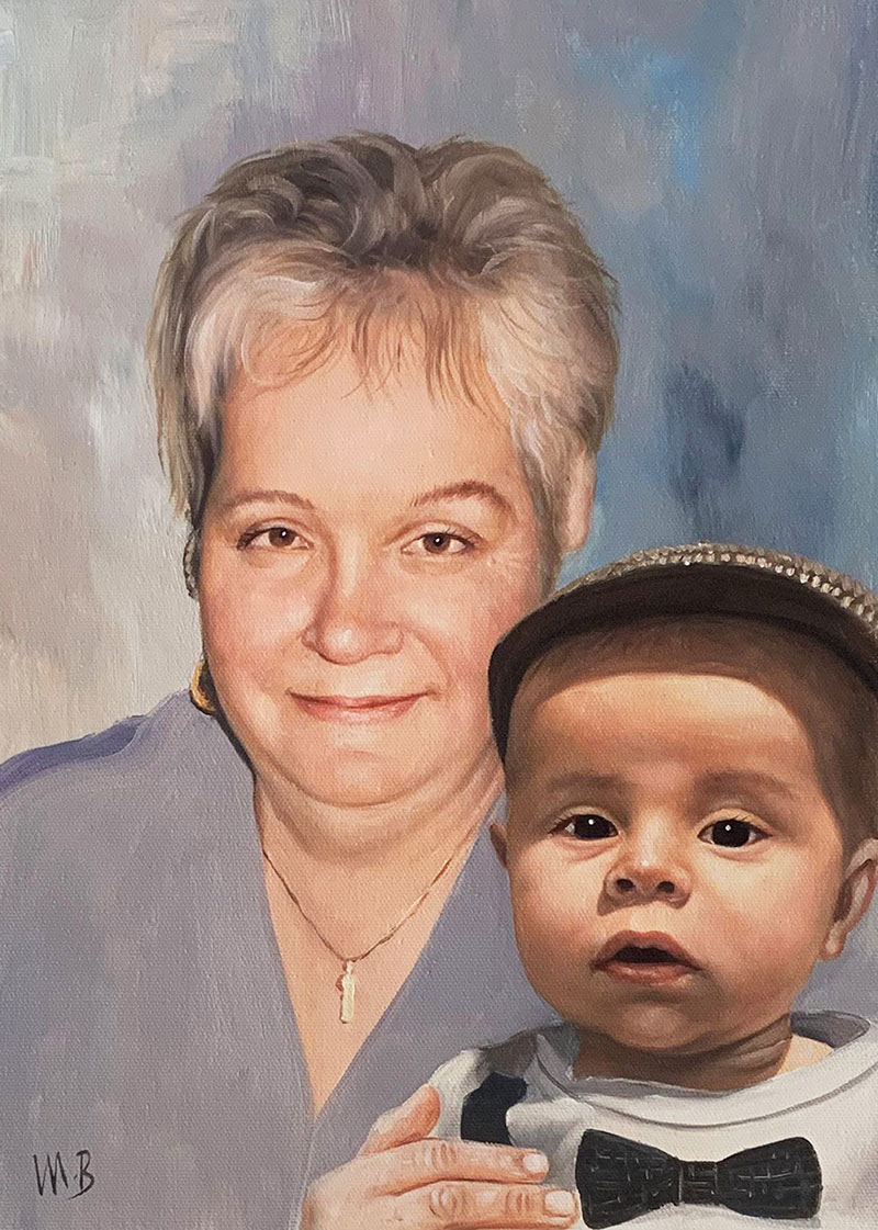 Custom oil painting of a grandmother and a grandson
