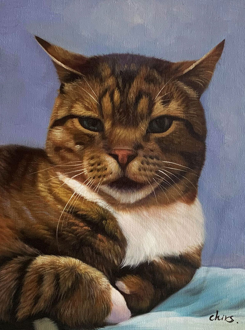 Oil painting of a tabby cat with white chest fur, looking directly at the viewer.