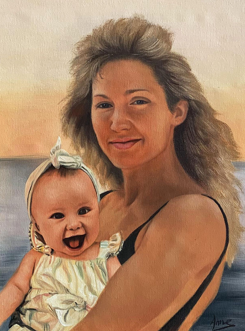 Oil painting of a mother holding her baby daughter.