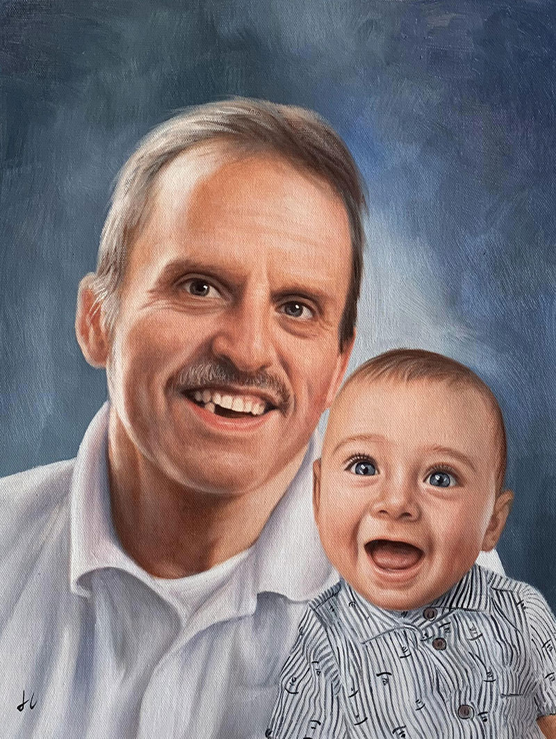 Custom handmade oil painting of a grandfather and grandchild