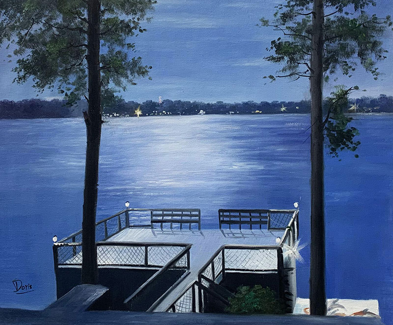 Night scene painting of a lake with a dock and trees.