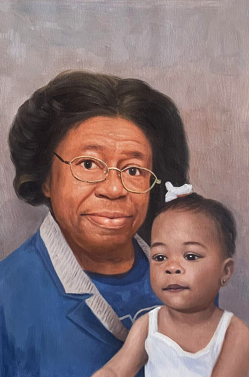 Painting of an older Black woman in glasses holding a young Black girl.