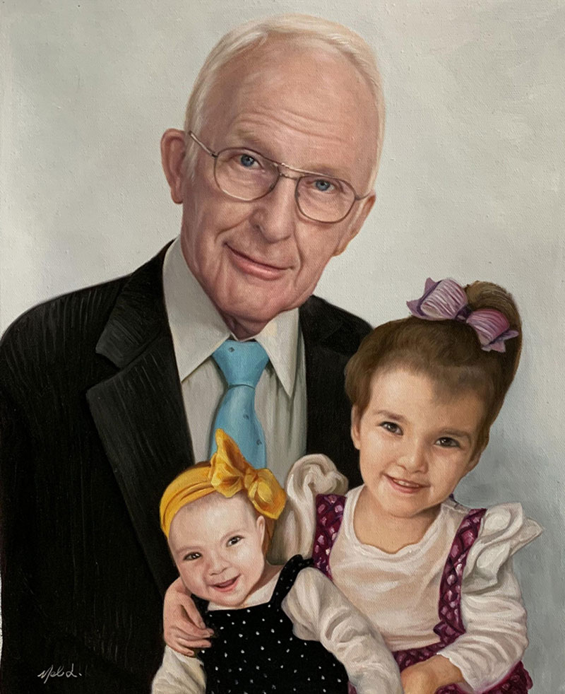 Oil painting of a grandfather with two young granddaughters.