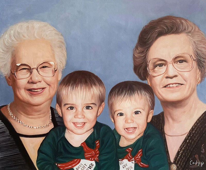 Custom oil painting of two grandmothers with kids
