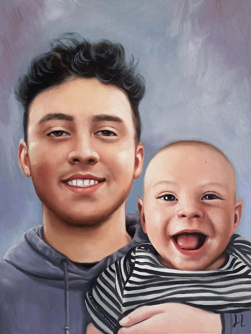 Oil painting portrait of a young man holding a smiling baby.