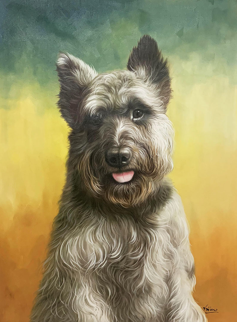 Painting of a gray, long-haired dog with its tongue out.