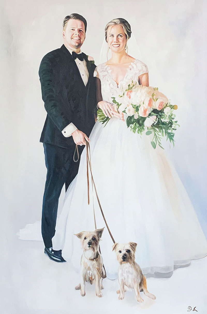 Beautiful oil painting of a bride and a groom 