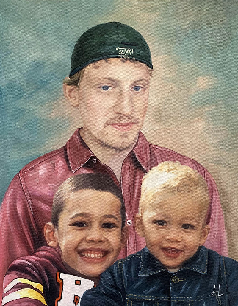 Oil painting of a man in a green cap with two young sons.