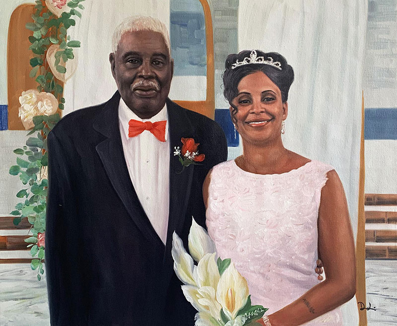 Painting of a bride and groom on their wedding day.