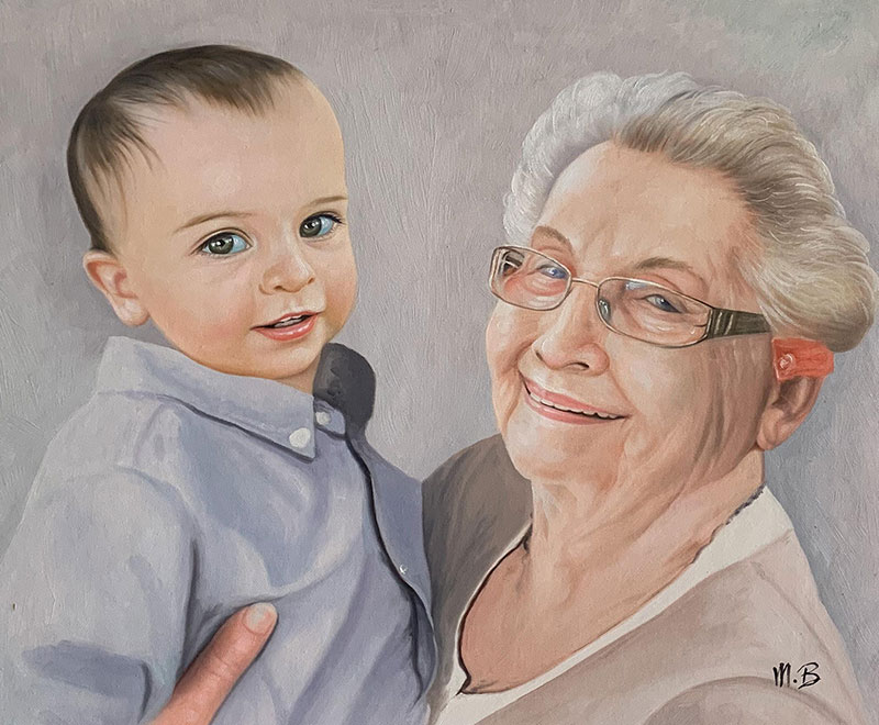 Beautiful oil portrait of a grandmother holding a grand kid
