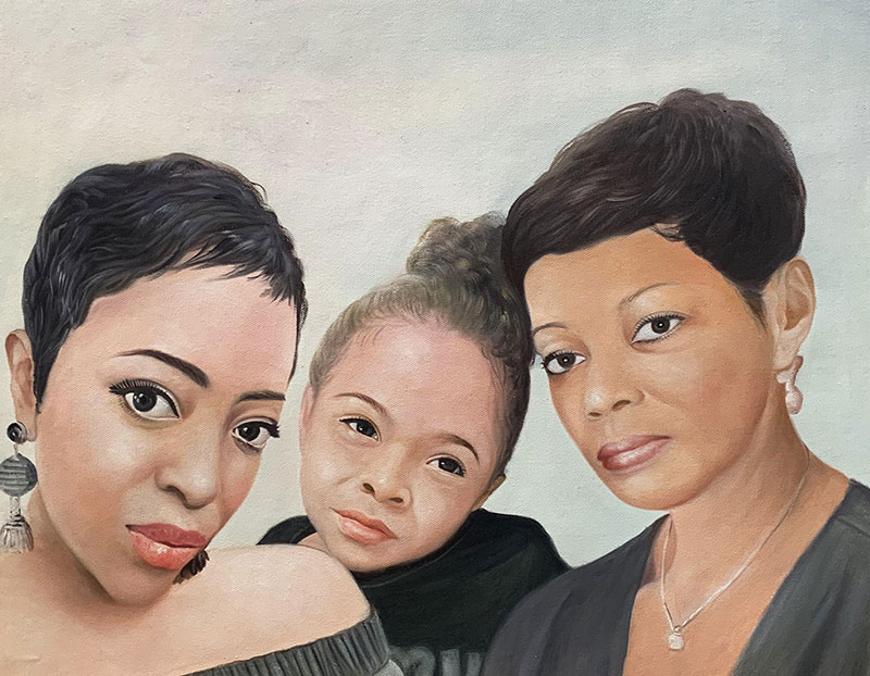 Painted portrait of two women and a young girl.