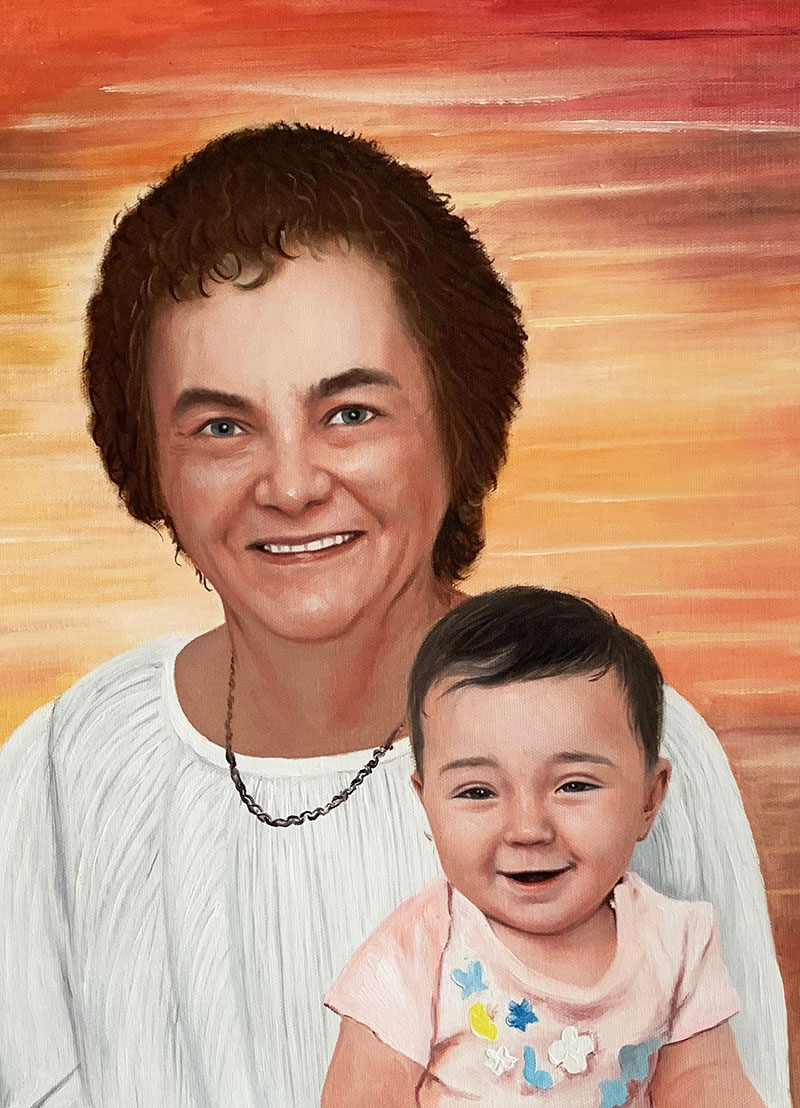 Painting of an older woman and a toddler.