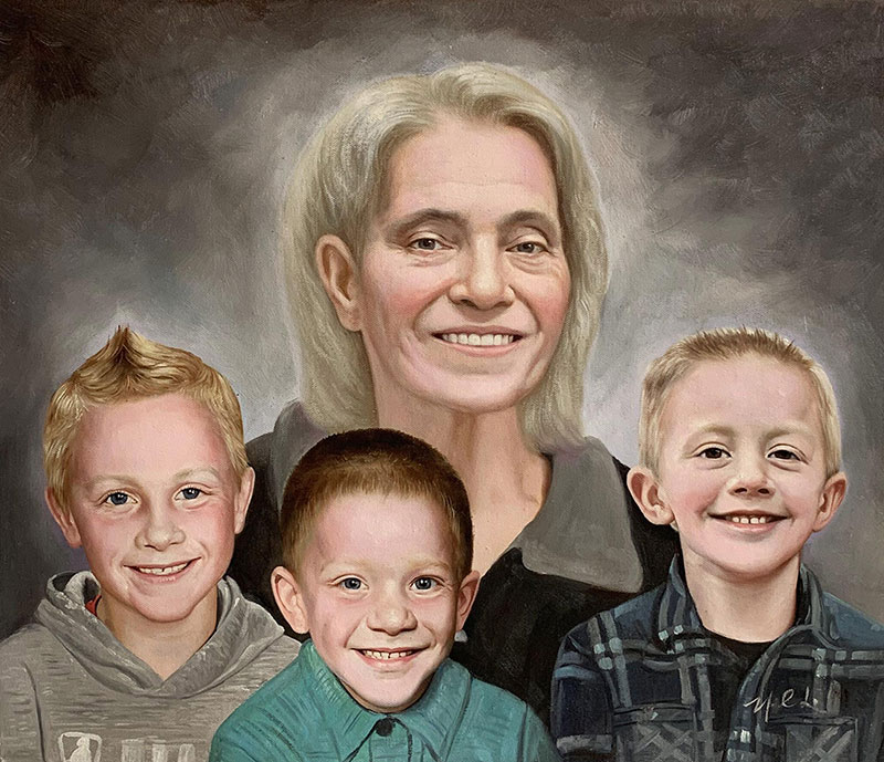 Gorgeous oil portrait of a grandmother with three children