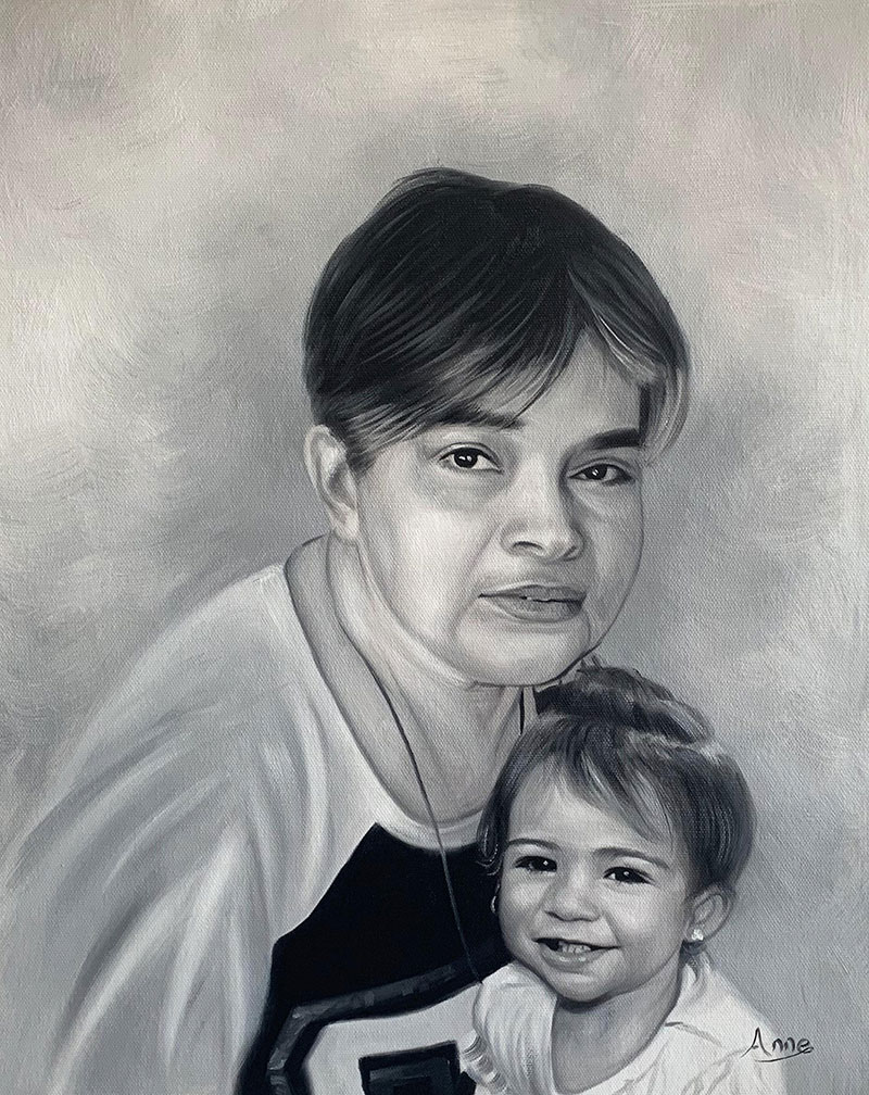 Black and white painting of a woman holding a toddler.