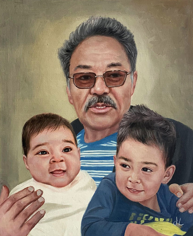 Painting of a grandfather with two grandsons.