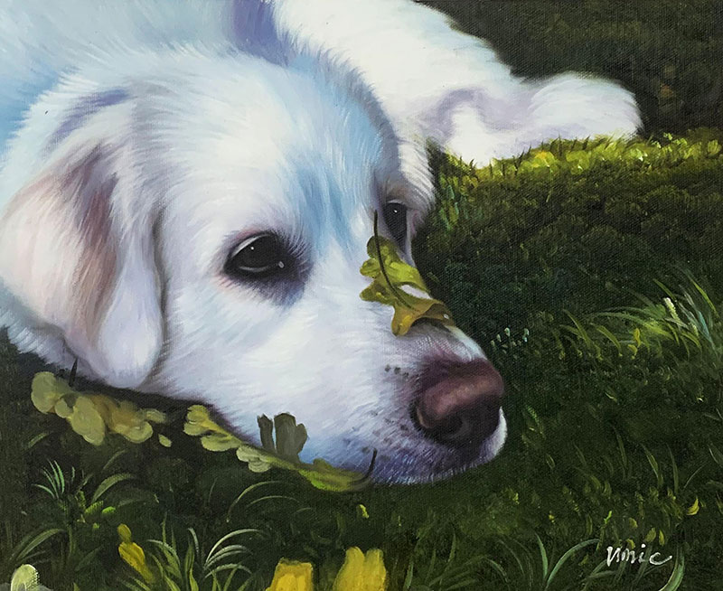 Painting of a white dog lying in the grass with a leaf on its nose