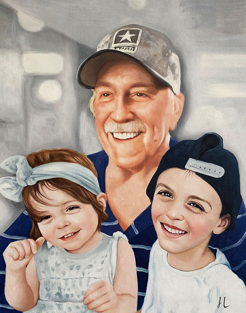 Painting of a grandfather with a young girl and boy.