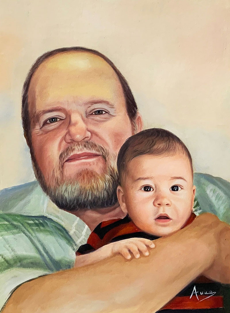 Oil painting of a man holding a baby.