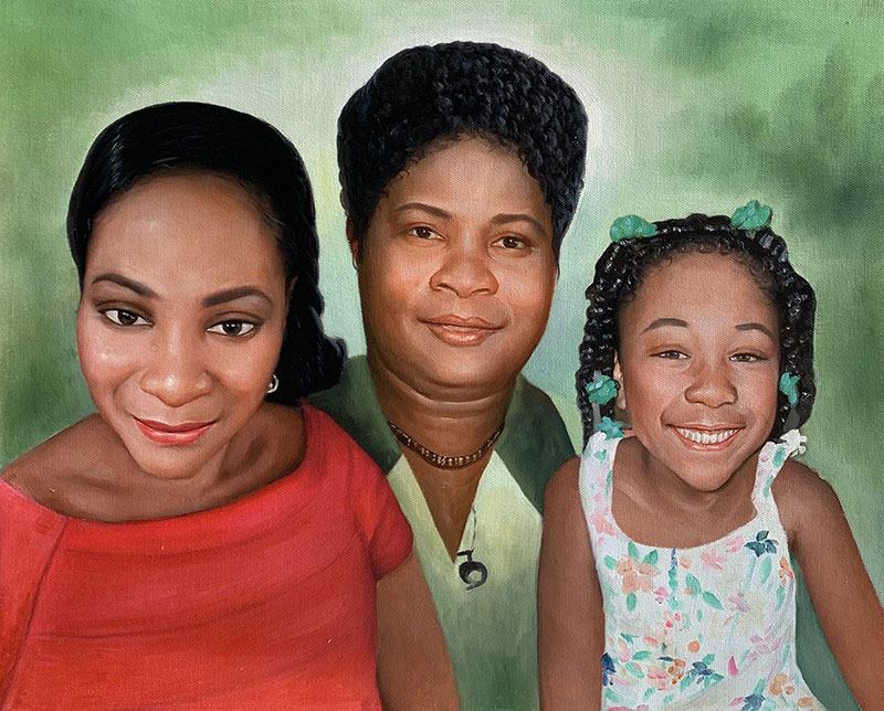 Painted portrait of three Black women: a young girl, a young woman, and an older woman.