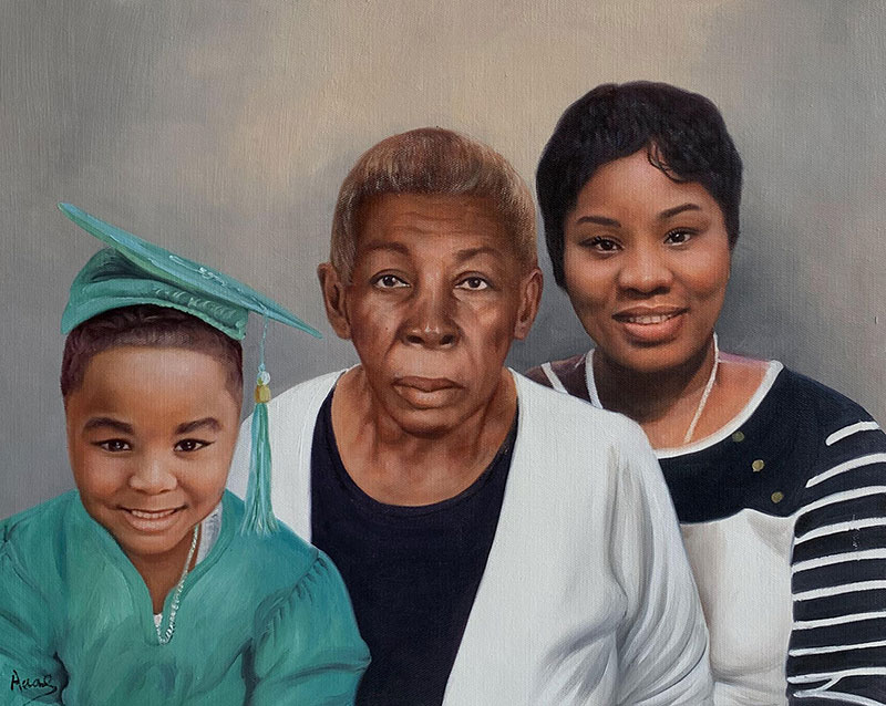 Painted portrait of a young child in graduation attire with two women.