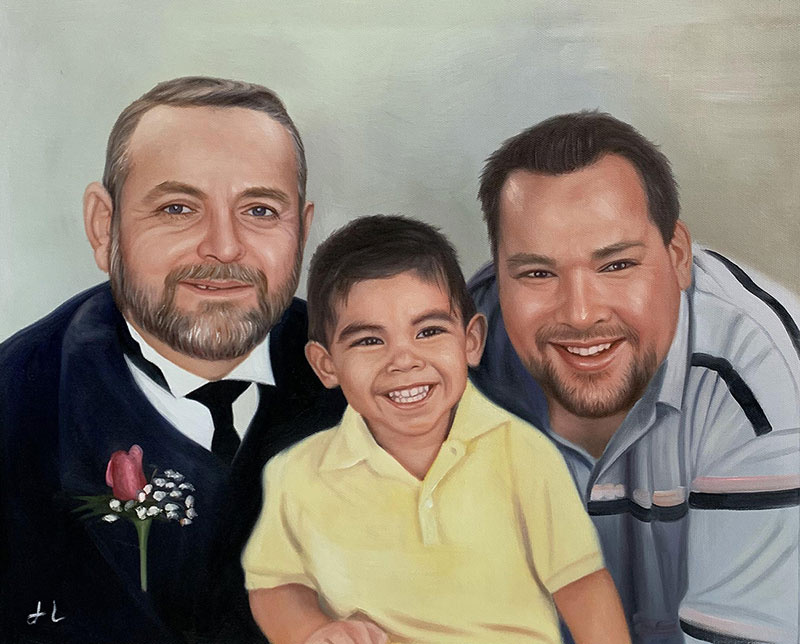 Oil painting portrait of two men and a young boy.