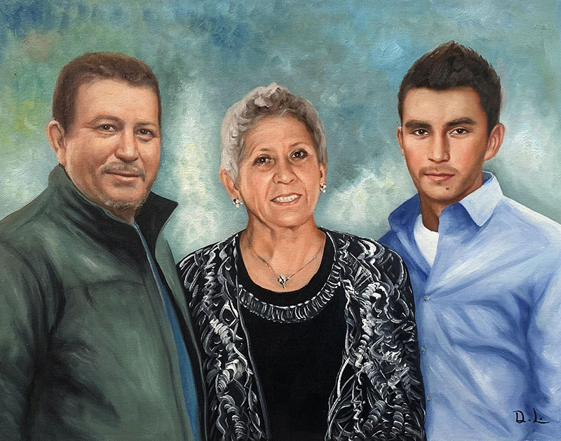 Oil painting portrait of a mother and her two adult sons.