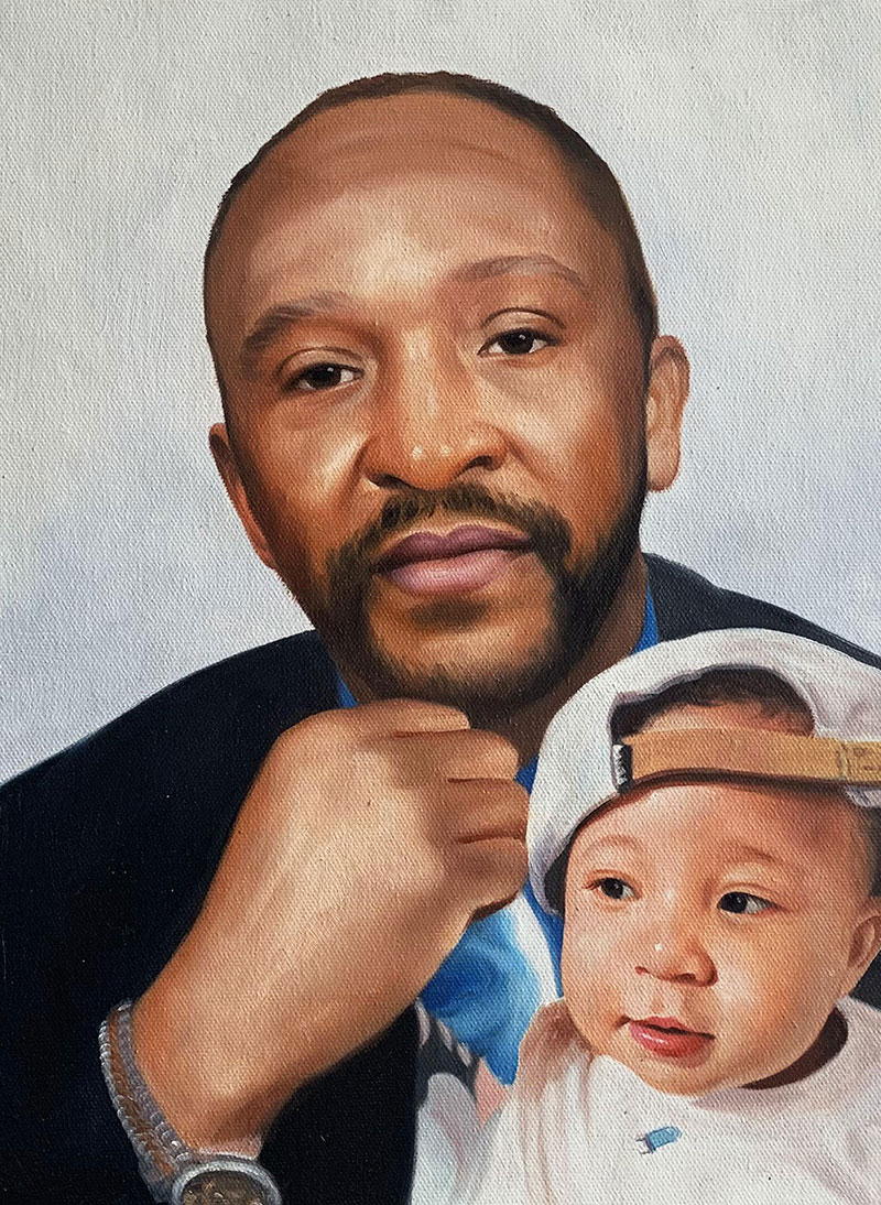 Oil painting portrait of a man and baby.