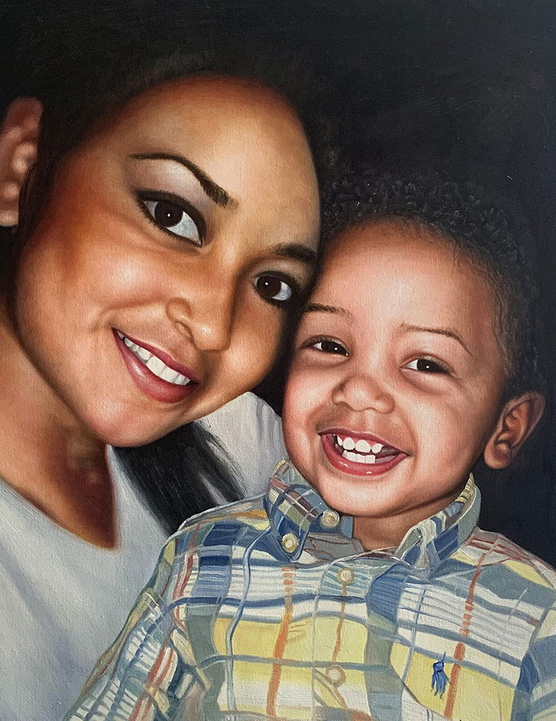 Beautiful handmade oil painting of a mother and son