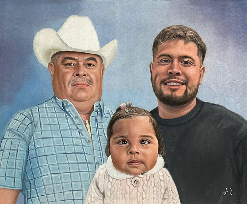 Painted portrait of a grandfather in a cowboy hat, his son, and granddaughter.