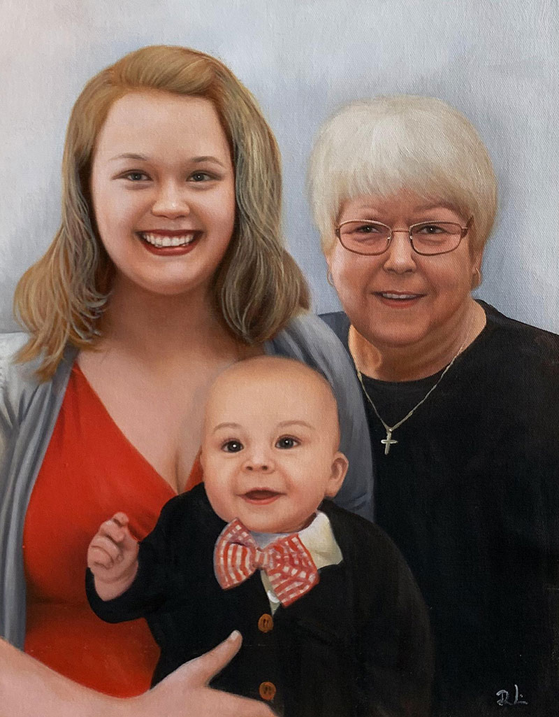 Painted portrait of a young woman, older woman, and baby.