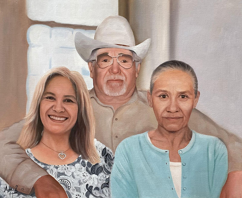 Painted portrait of a family: a man in a cowboy hat with a woman on each side.