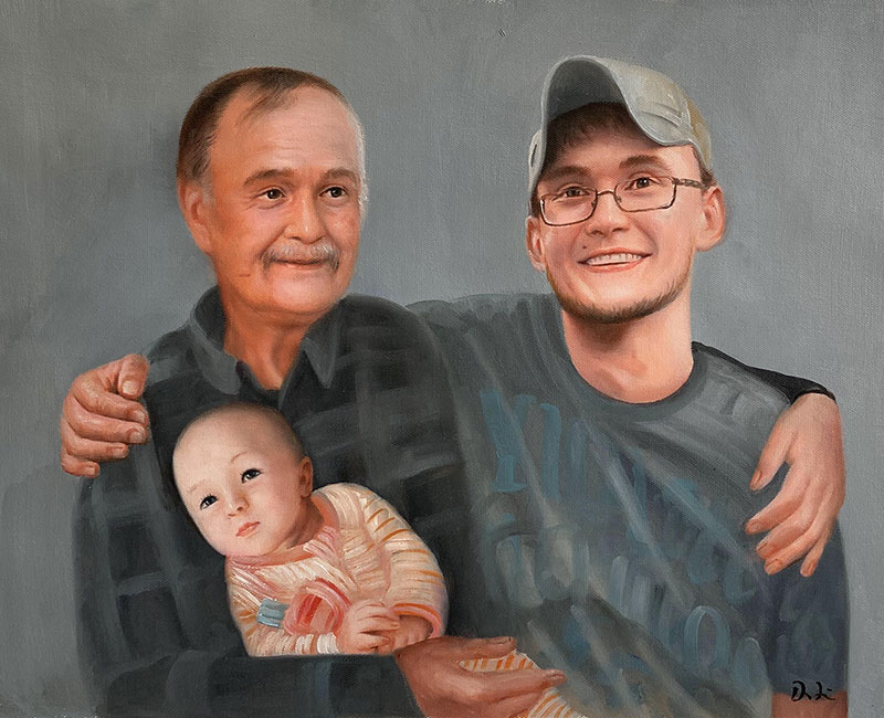 Oil painting portrait of an older man holding a baby, with a younger man embracing both.
