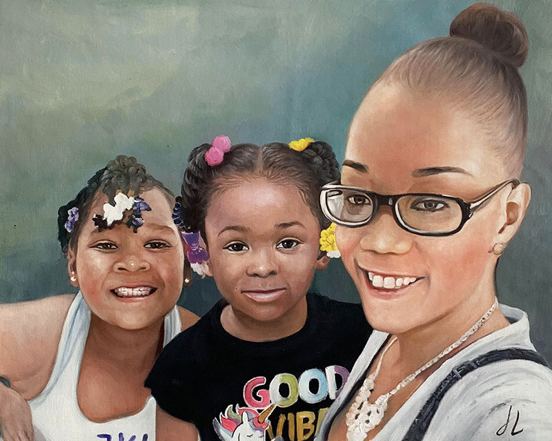 Painted portrait of a woman and two young girls.