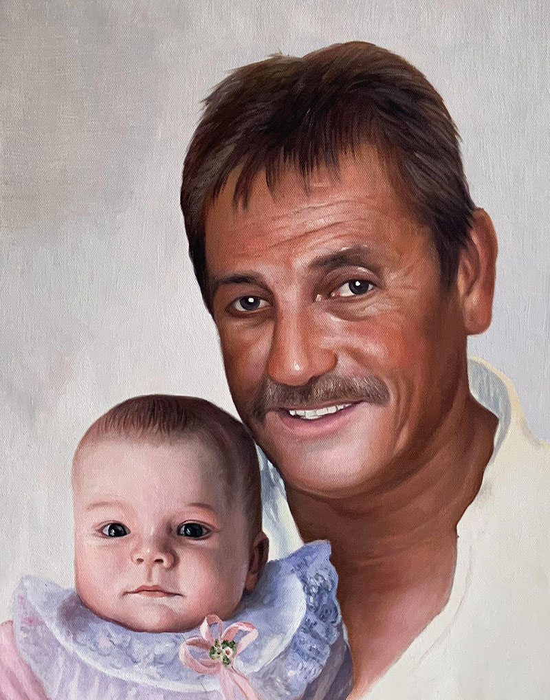Oil painting portrait of a man holding a baby.