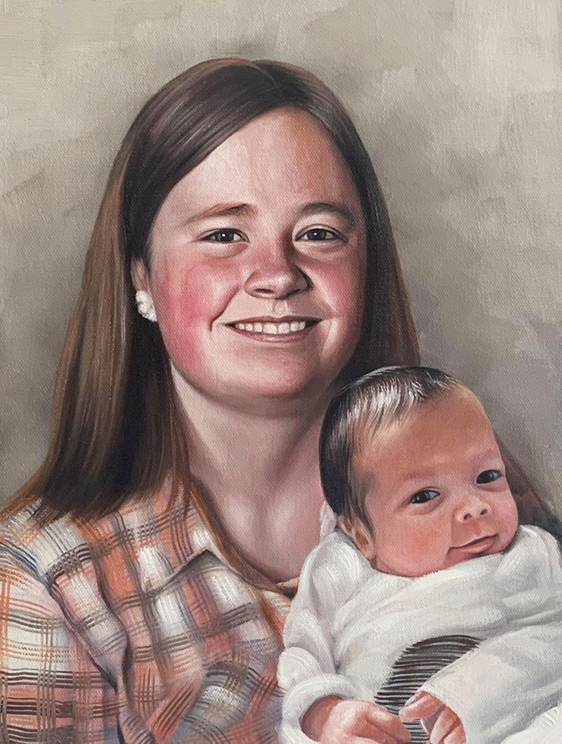 Painting of a smiling woman holding a baby.
