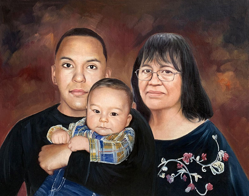 Oil painting of a man holding a baby, with a woman standing beside them.