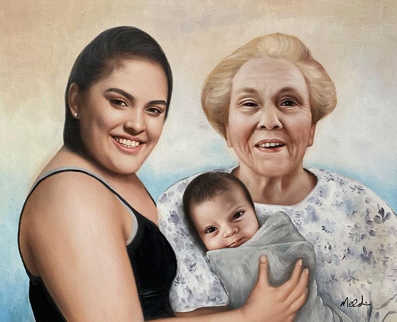 Beautiful handmade oil artwork of three generations
