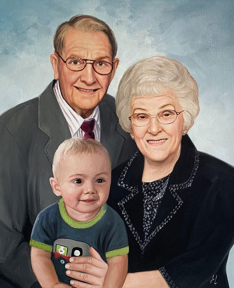 Painted portrait of elderly couple with baby grandchild