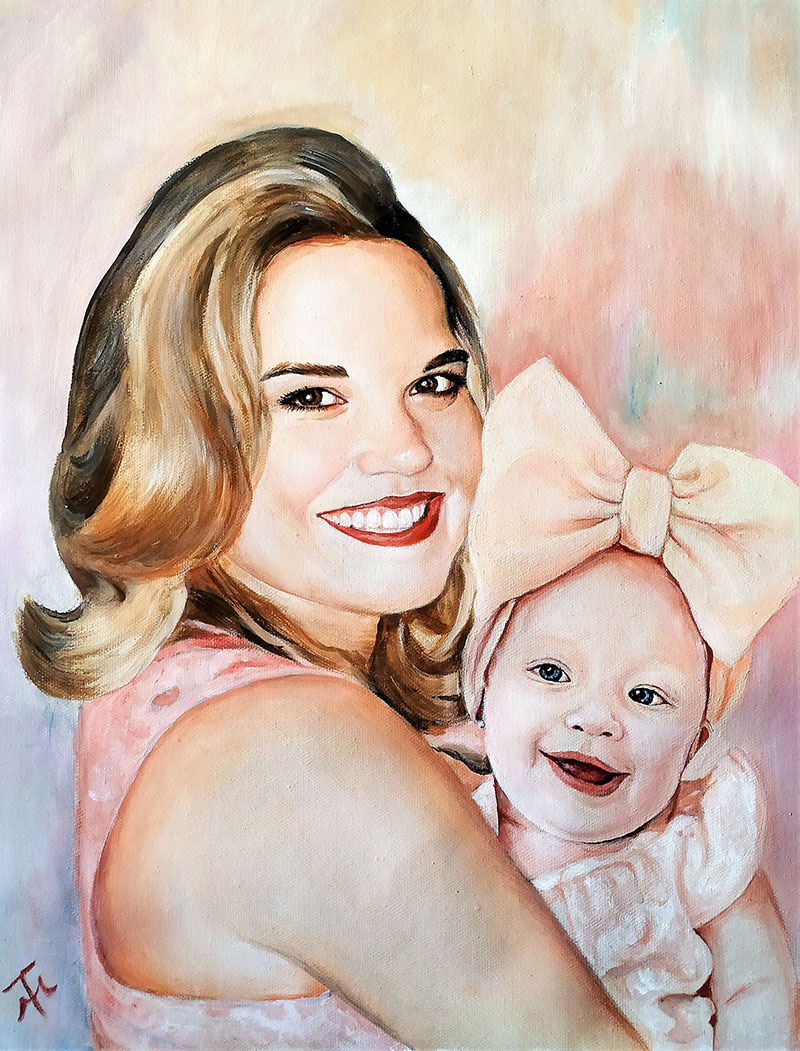 Gorgeous handmade oil painting of a mother and child