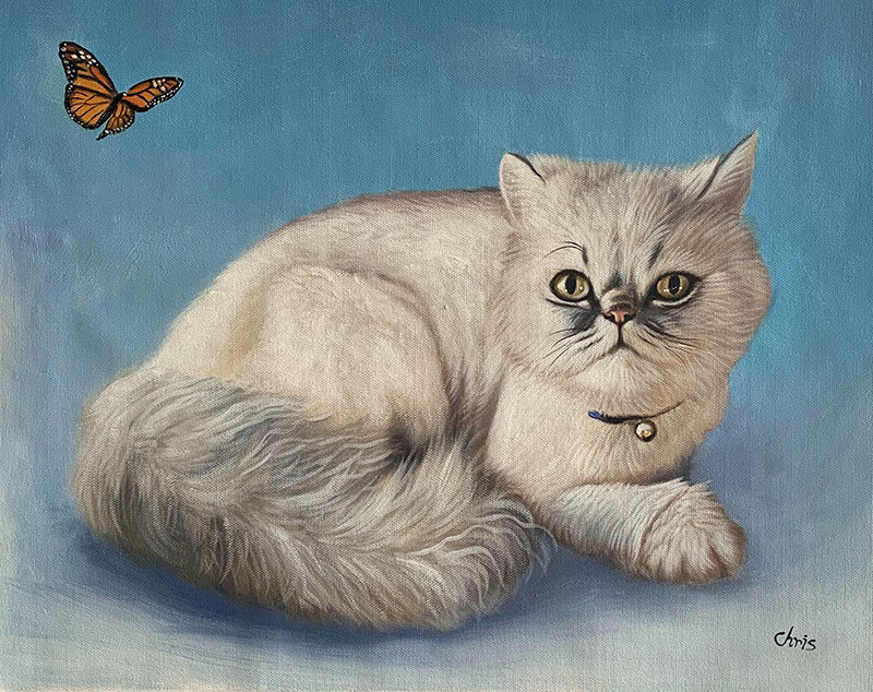 Painting of a white longhaired cat and a monarch butterfly