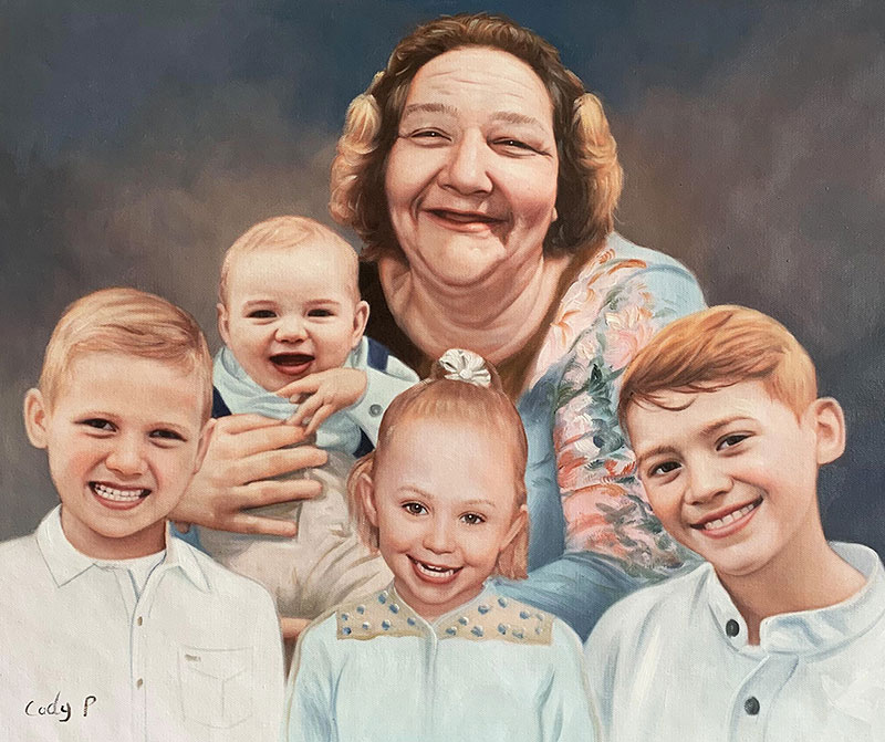 Painted portrait of a grandmother with four grandchildren.