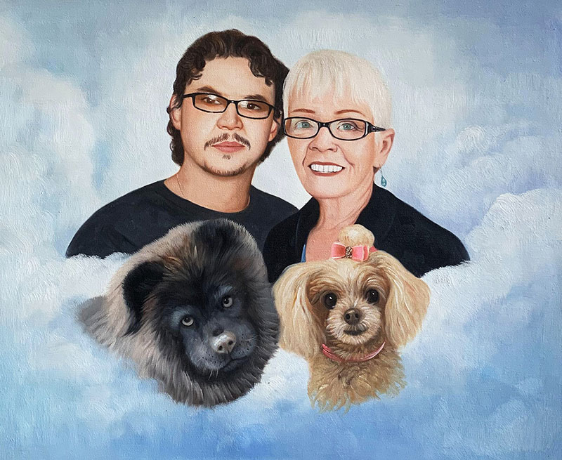 Beautiful oil painting of two adults and two pets