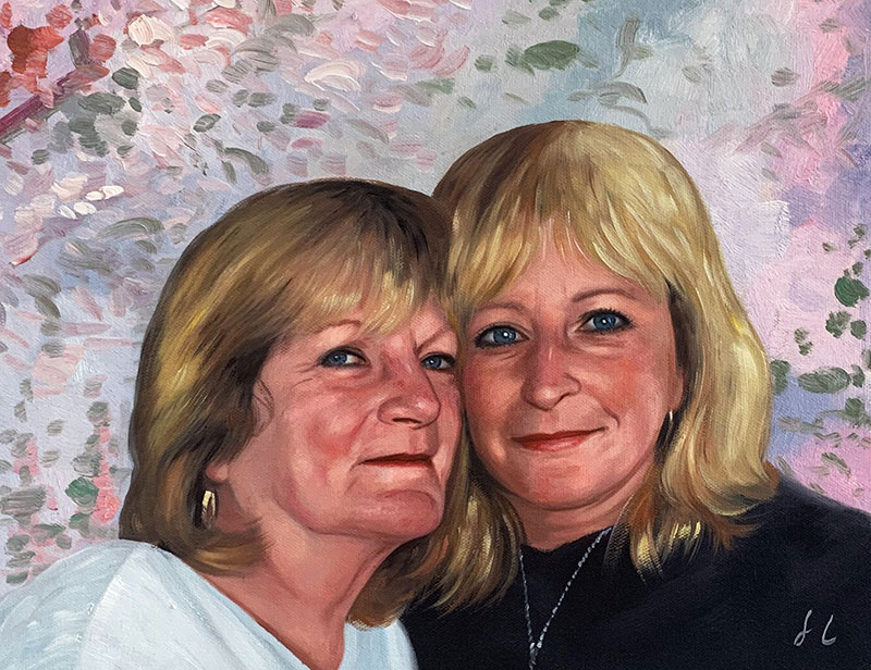 Oil painting portrait of two women with blonde hair, close together against a floral background.