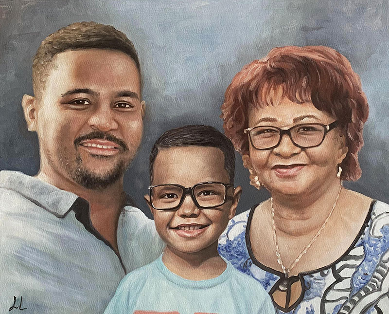Painted portrait of a family: a man, a boy, and a woman.