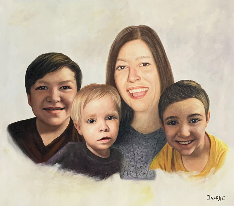 Painted portrait of a mother and her three sons.