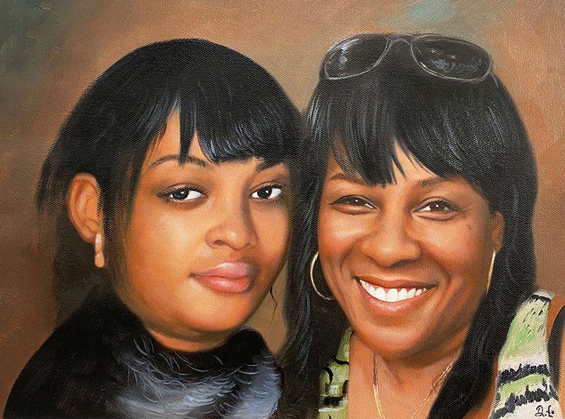 Painted portrait of two Black women, one younger and one older, posing closely together.