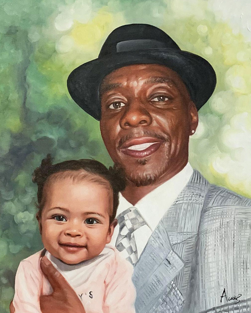 Painting of a man in a hat holding a baby.
