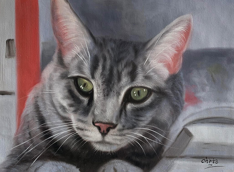 Painting of a gray tabby cat with green eyes.