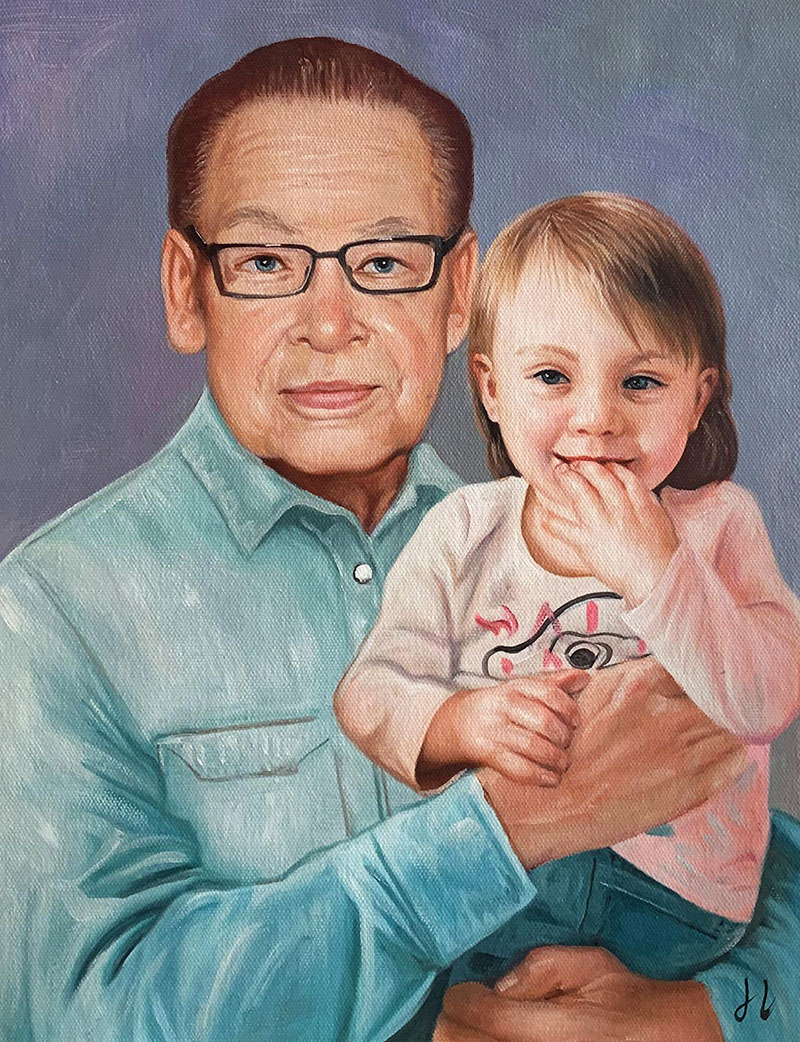 Custom oil painting of a grandfather and a granddaughter